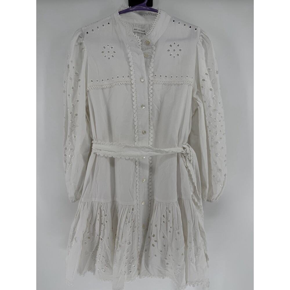 Avec Les Filles Women's White Eyelet Cotton Lined Shirt Dress Size 8 - Picture 2 of 12